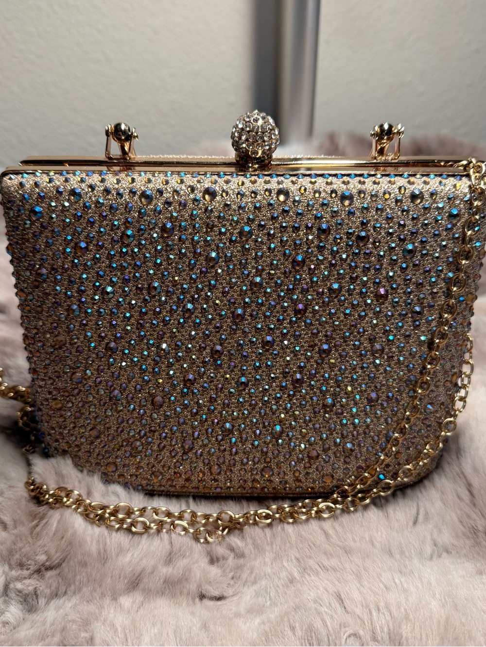 Gold Glitter Evening Clutch Bag Hard Case Rhinestone Clasp Metal Handle